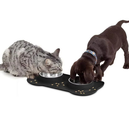 Slow Feeder Dog Bowls Stainless Steel Food and Water Bowl Set 2 in 1 No Spill Waterproof Silicone Pet Food Mat Puppy Feeding Station for Large Medium Small Breed Non Slip Metal Dish Tray
